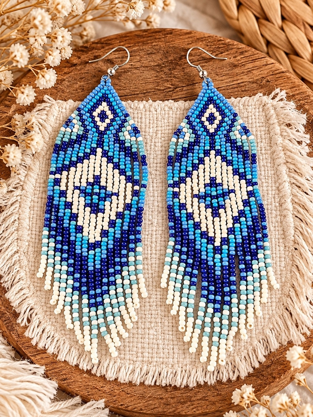 Boho Seed Bead Fringe Earrings Blue Ivory Statement Dangle Earrings